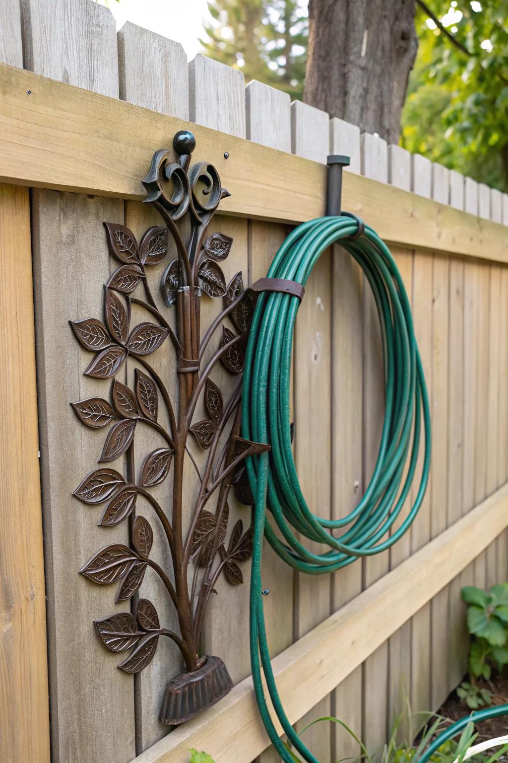 Artistic hooks bring a touch of whimsy to hose storage.