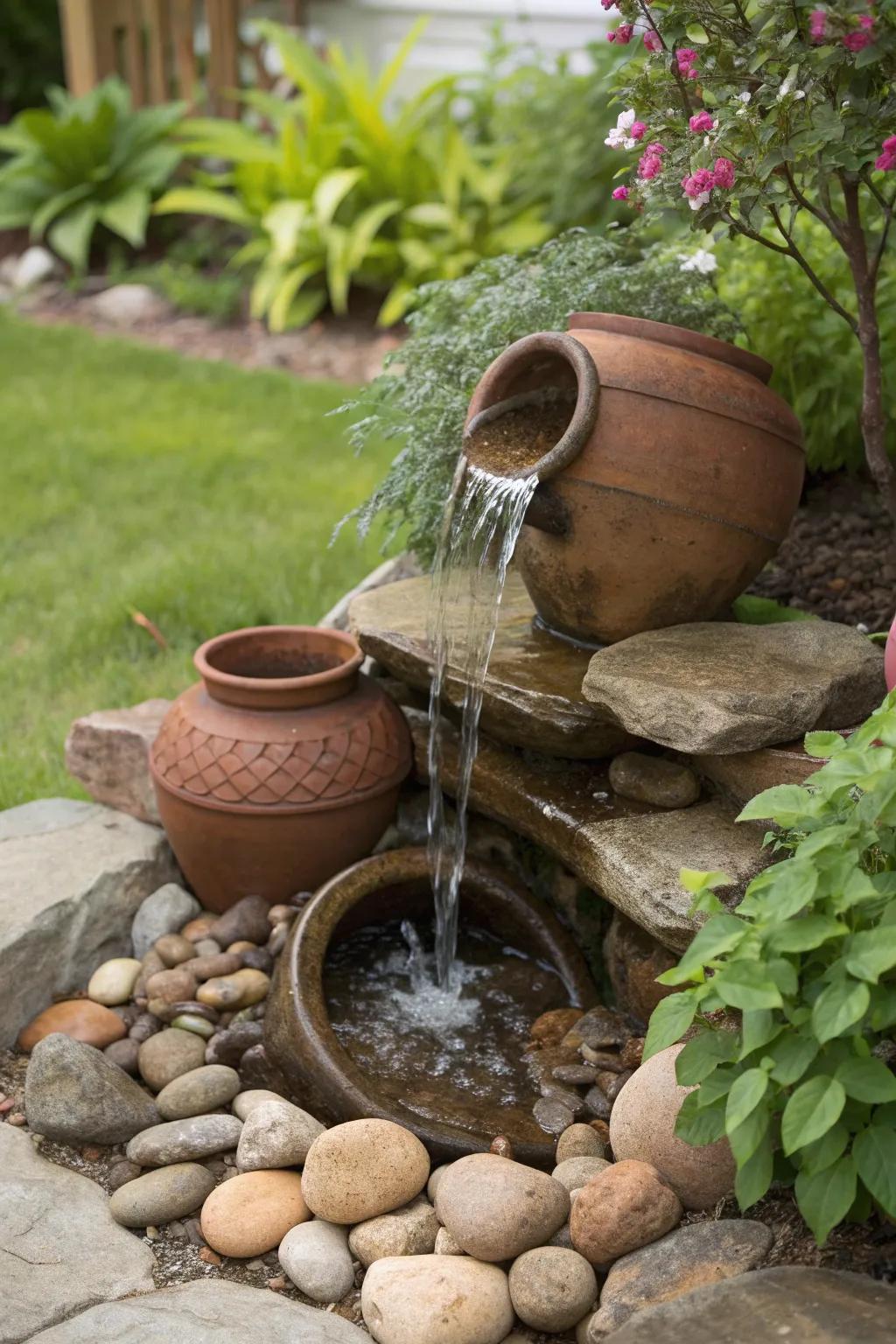 A serene fountain made from pots and stones for your garden oasis.