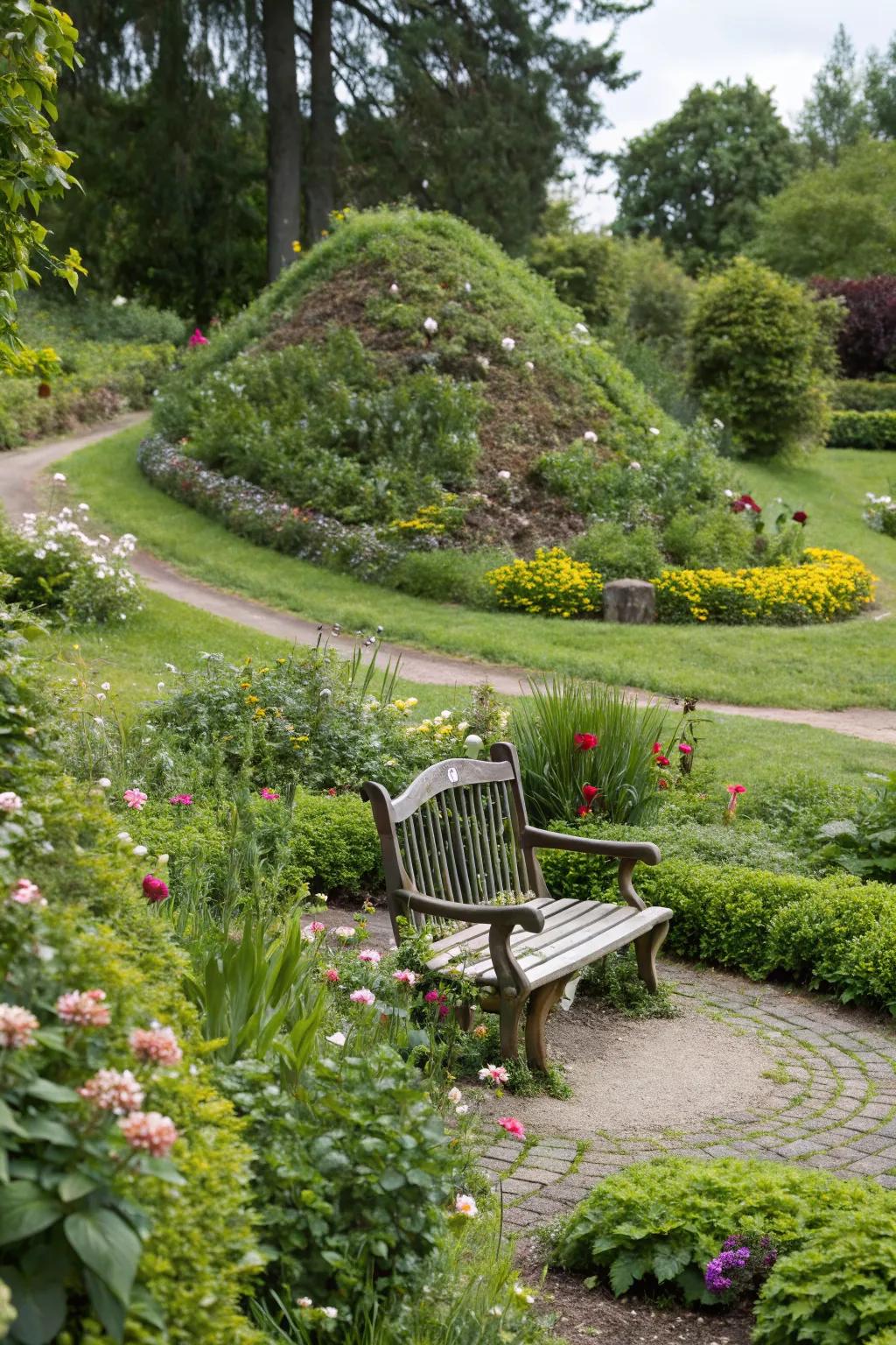 A meditation spot mound offers tranquility and reflection.
