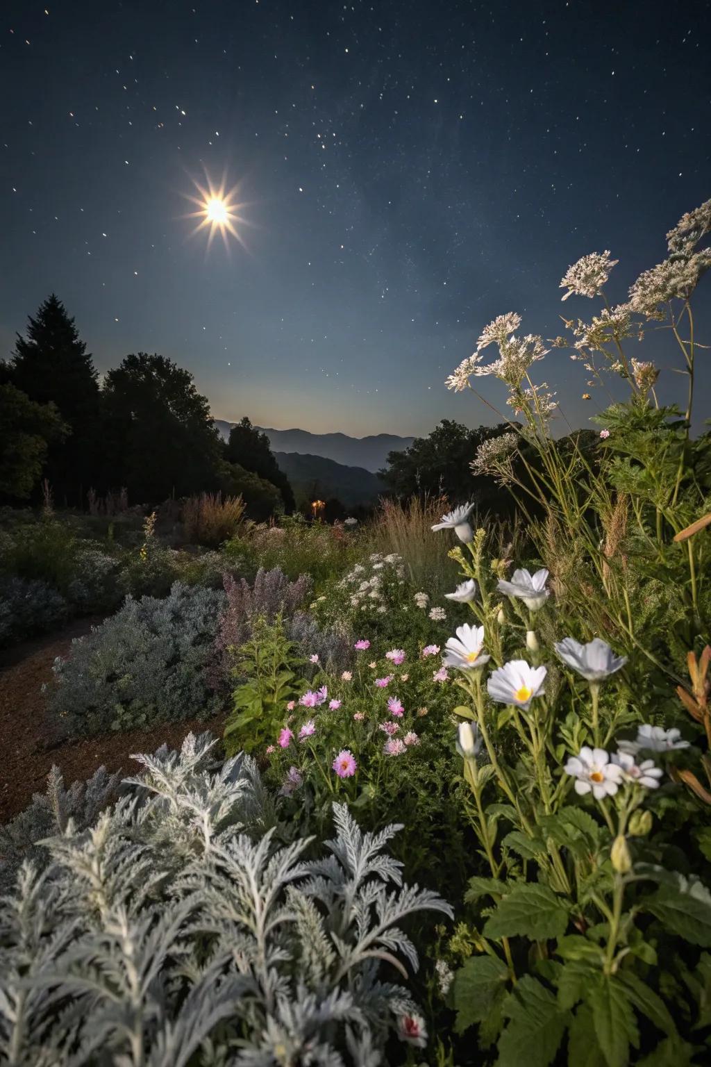 A magical moon garden glowing under the night sky.