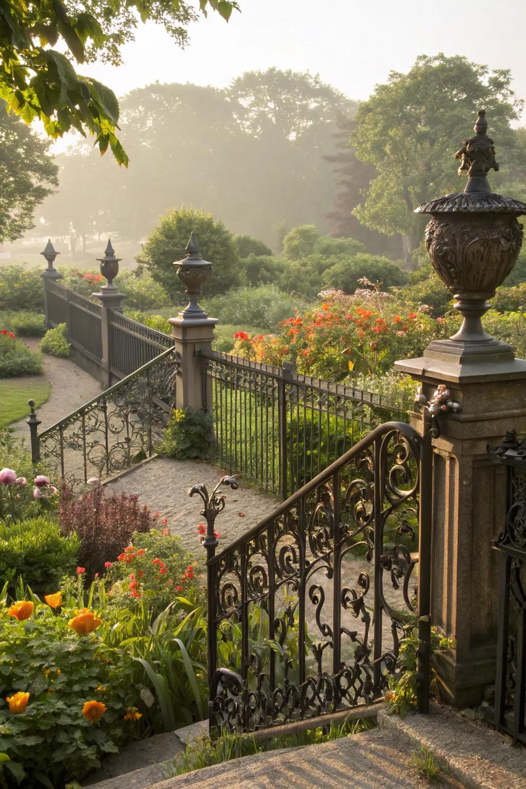 Sculptural railings serve as stunning focal points in artistic garden spaces.