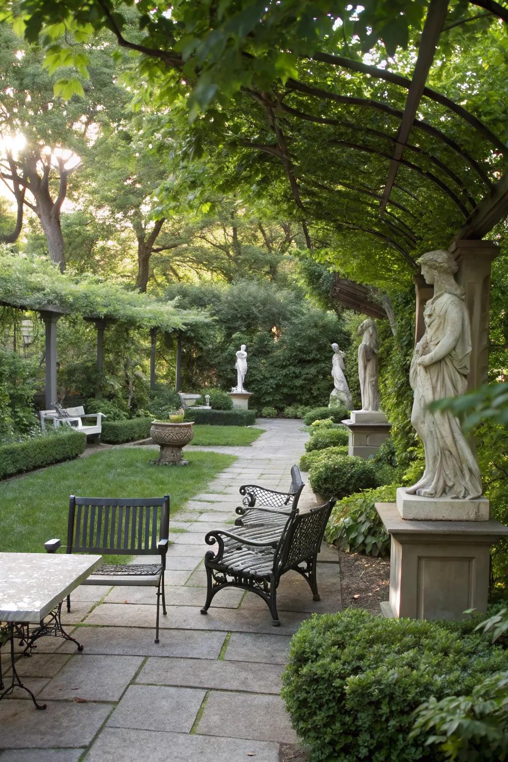 A garden seating area enriched with artistic sculptures.