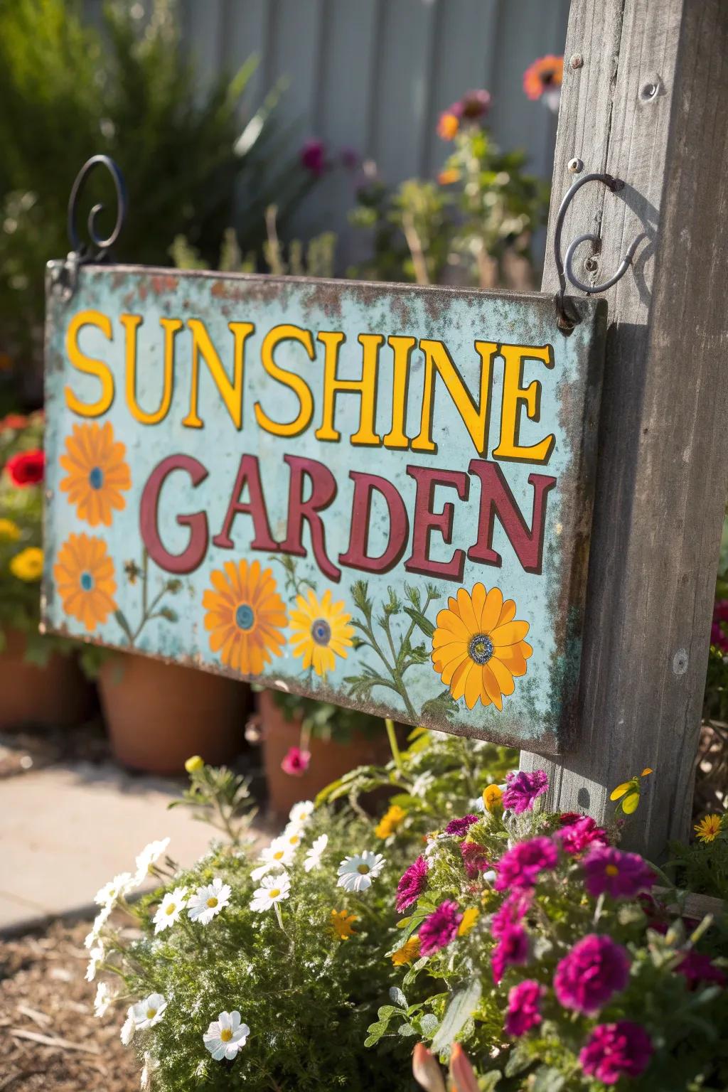 Colorful metal signs bring brightness and durability to the garden.
