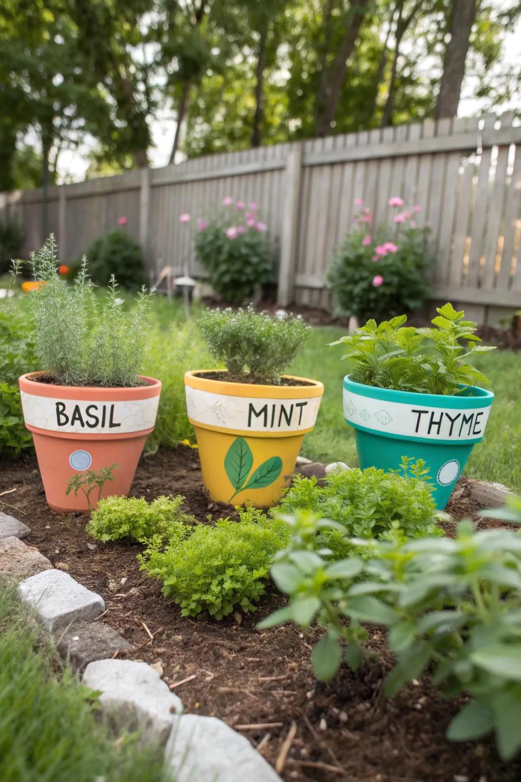 Creative clay pot signs marking herbs in a garden.