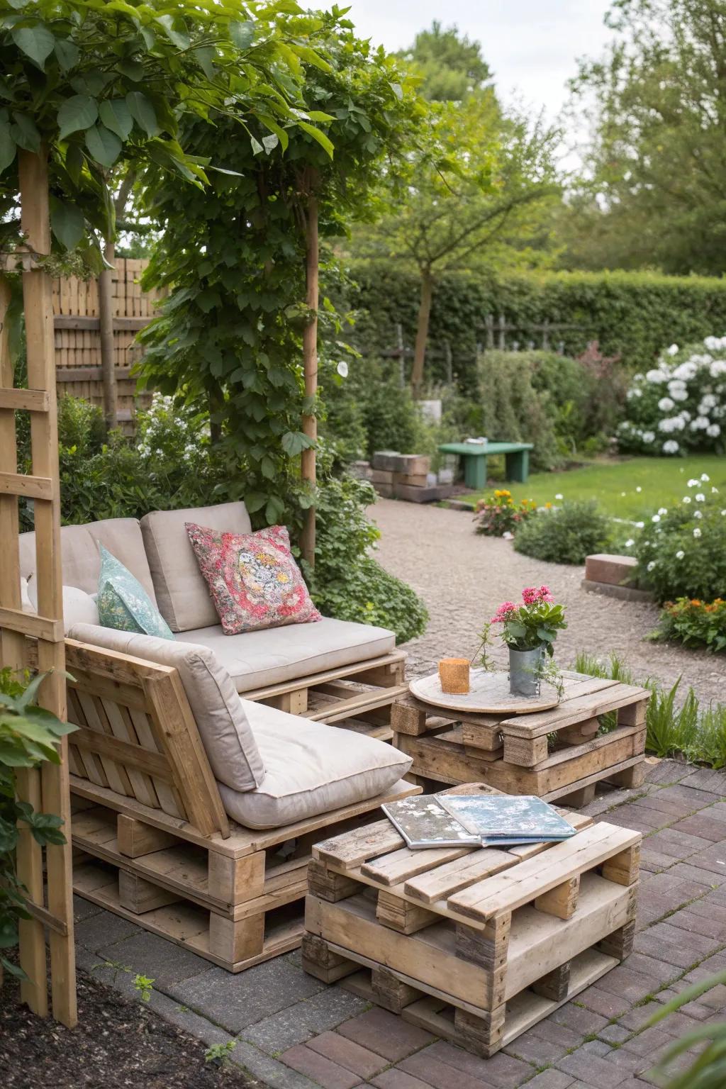 Recycled pallet furniture offers a stylish and sustainable garden setup.