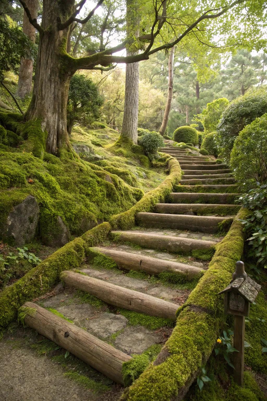 Fairy-like moss-covered log stairs enchanting the garden.