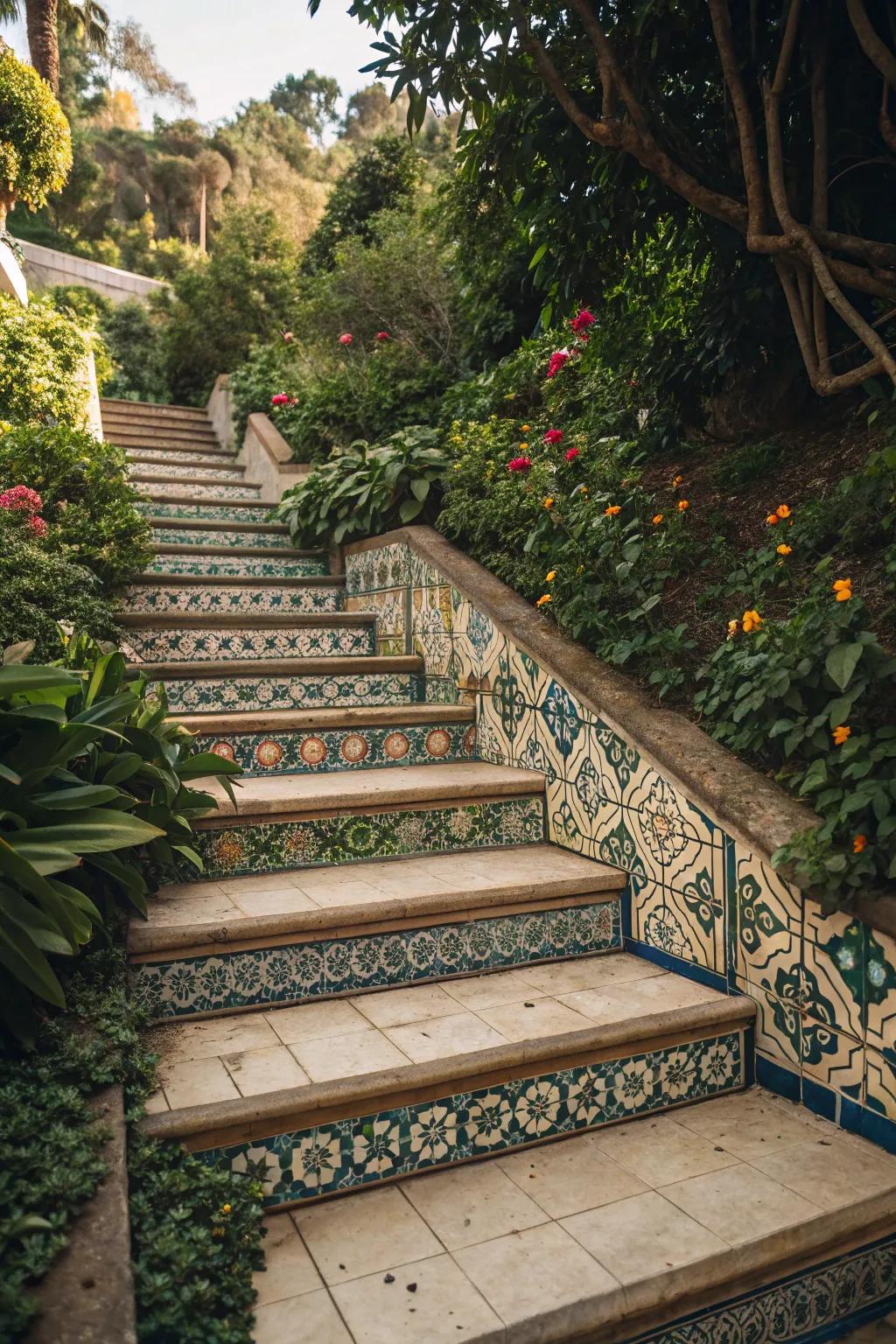 Decorative tiles infuse steps with Mediterranean charm.