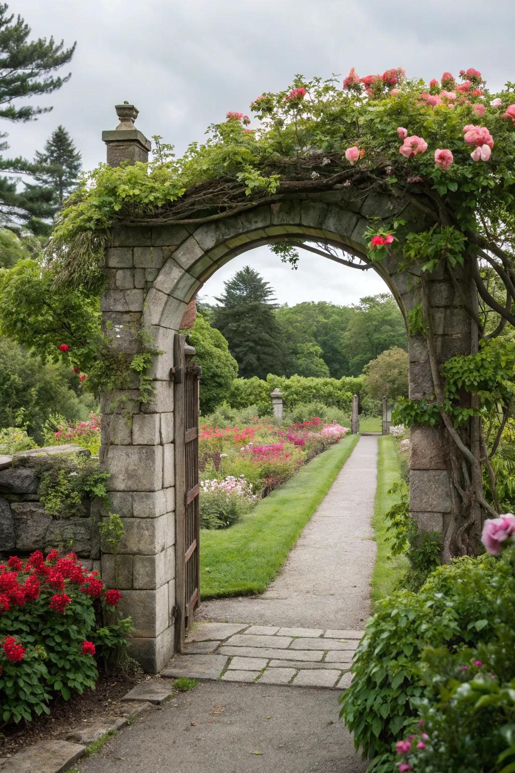 Stone archways create grand entrances to garden spaces.