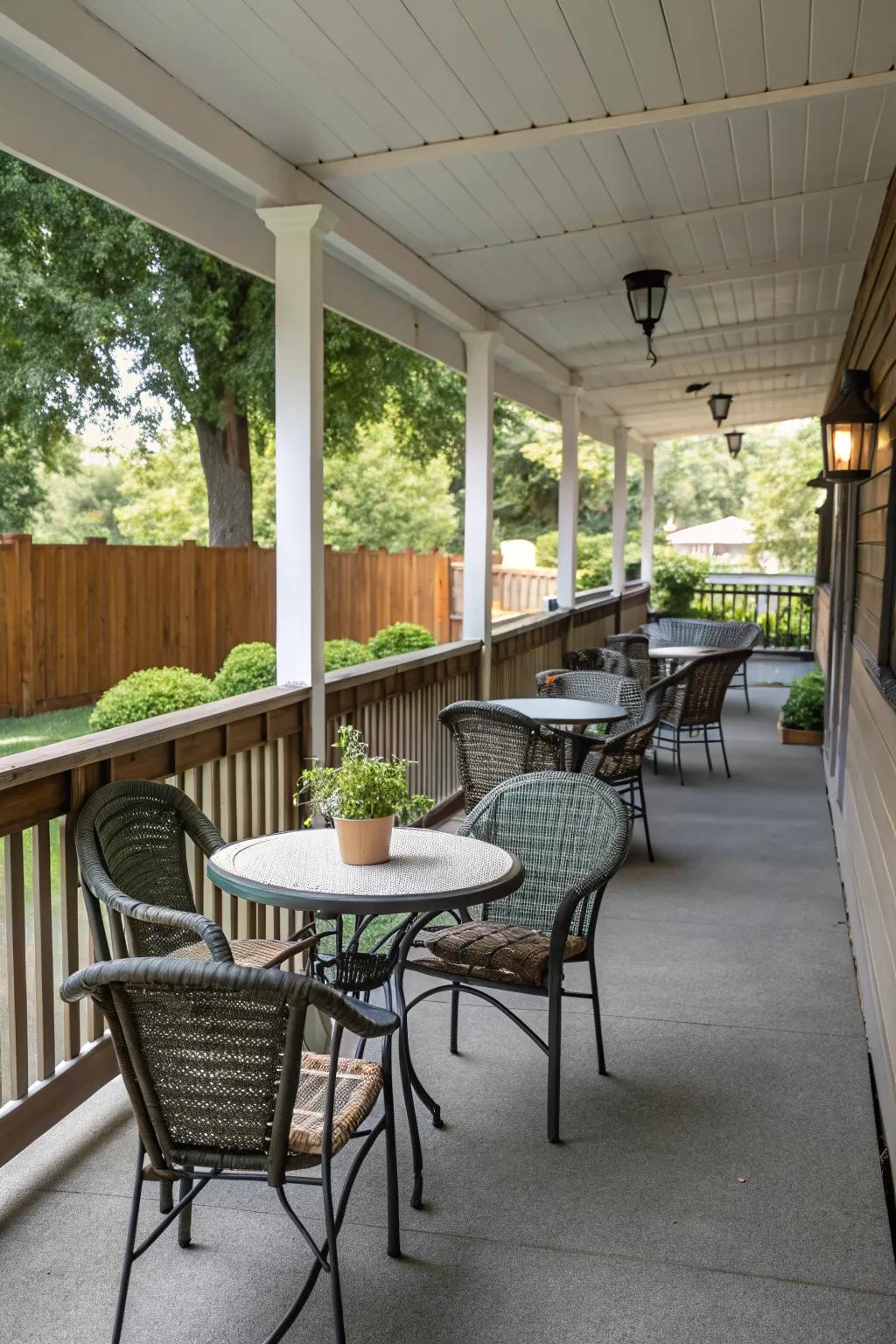 Compact seating solutions maximize space on a small veranda.