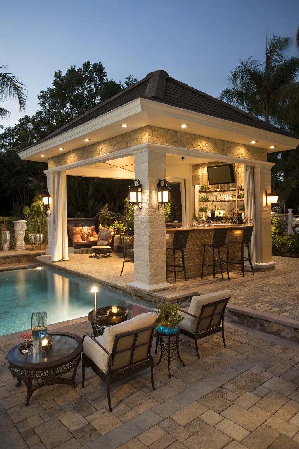 An integrated poolside gazebo bar for a resort-like backyard experience.