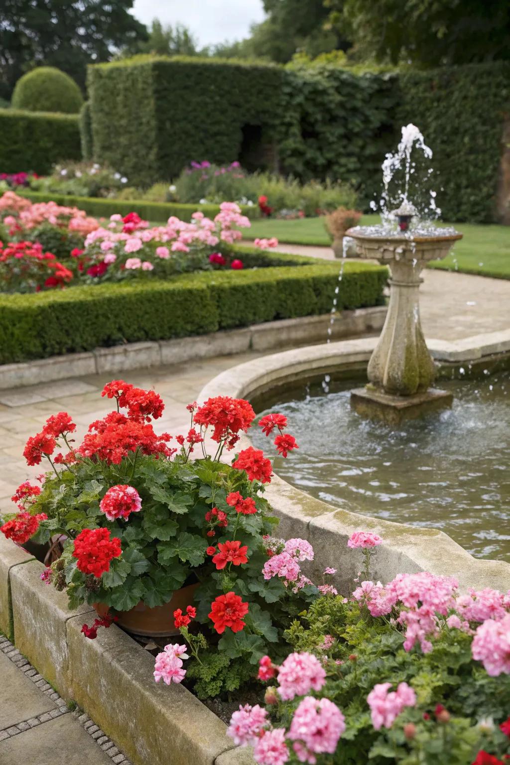 A soothing garden spot with a water feature and vibrant geraniums.