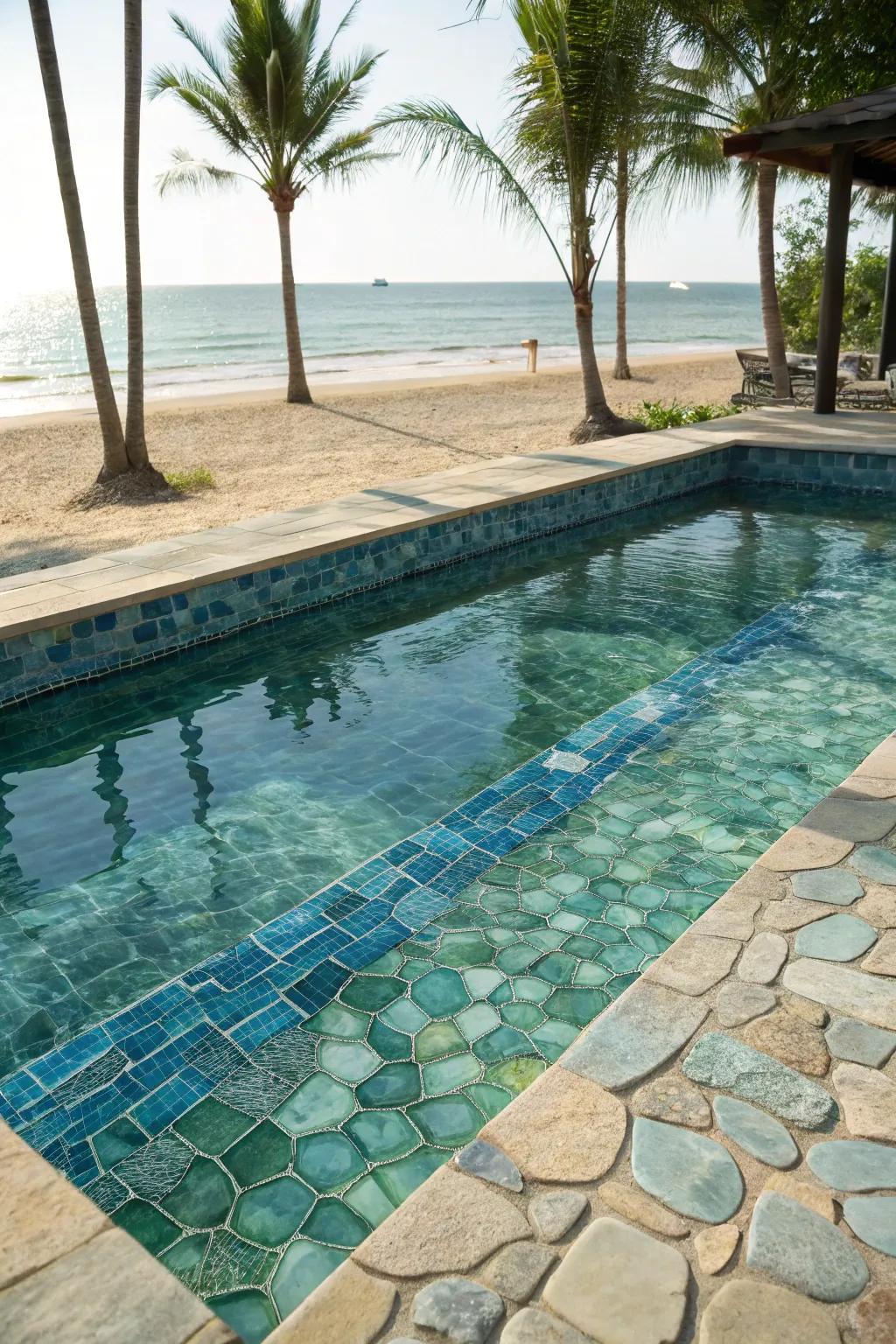 Sea glass-inspired tiles create a coastal retreat in your pool.