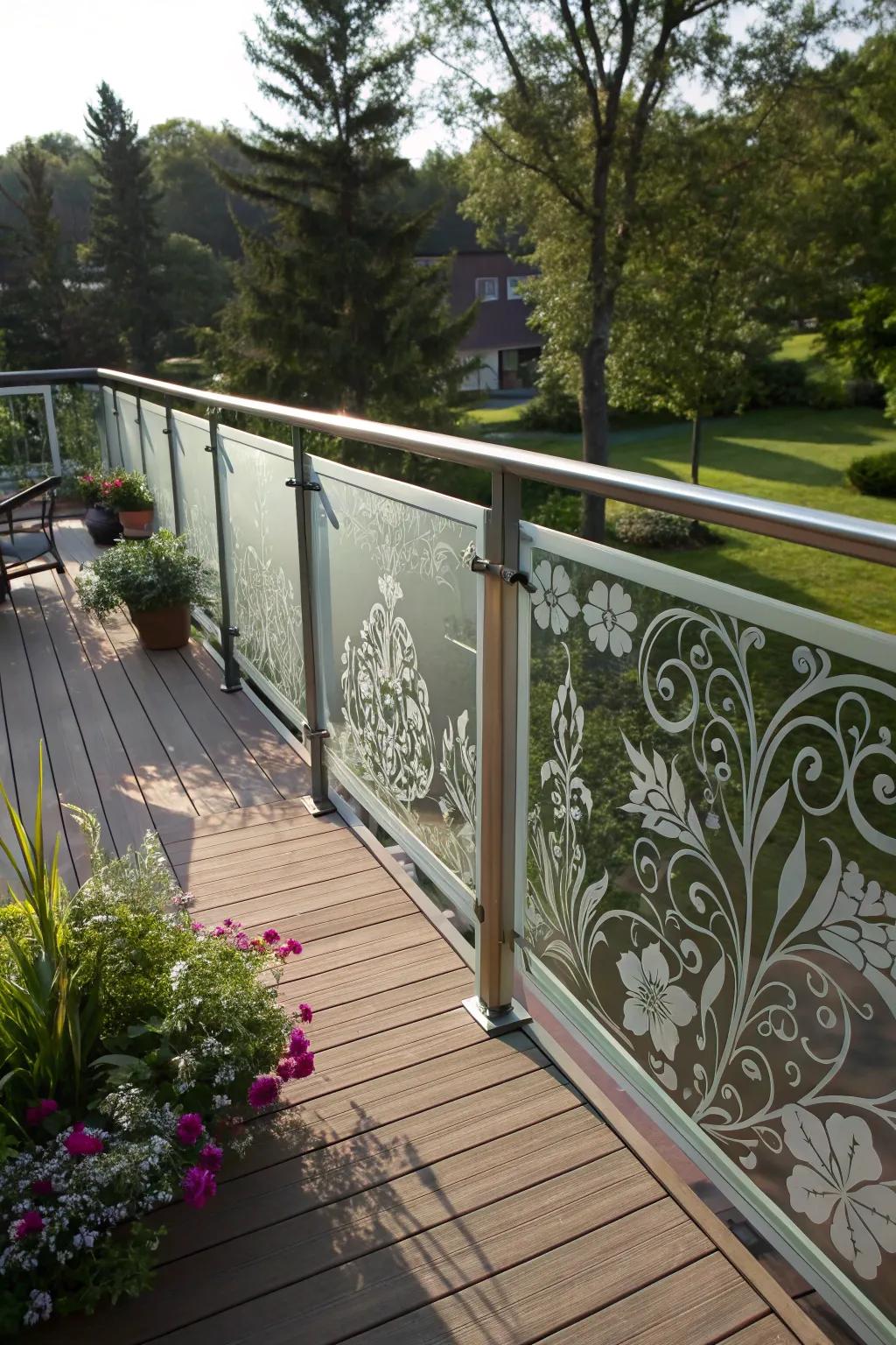 Etched glass railings adding artistic flair and personalization to a deck.