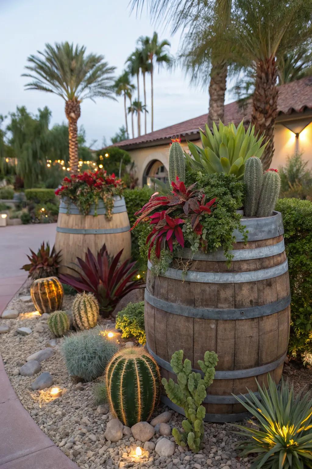 Themed rain barrels transforming the garden into a unique escape