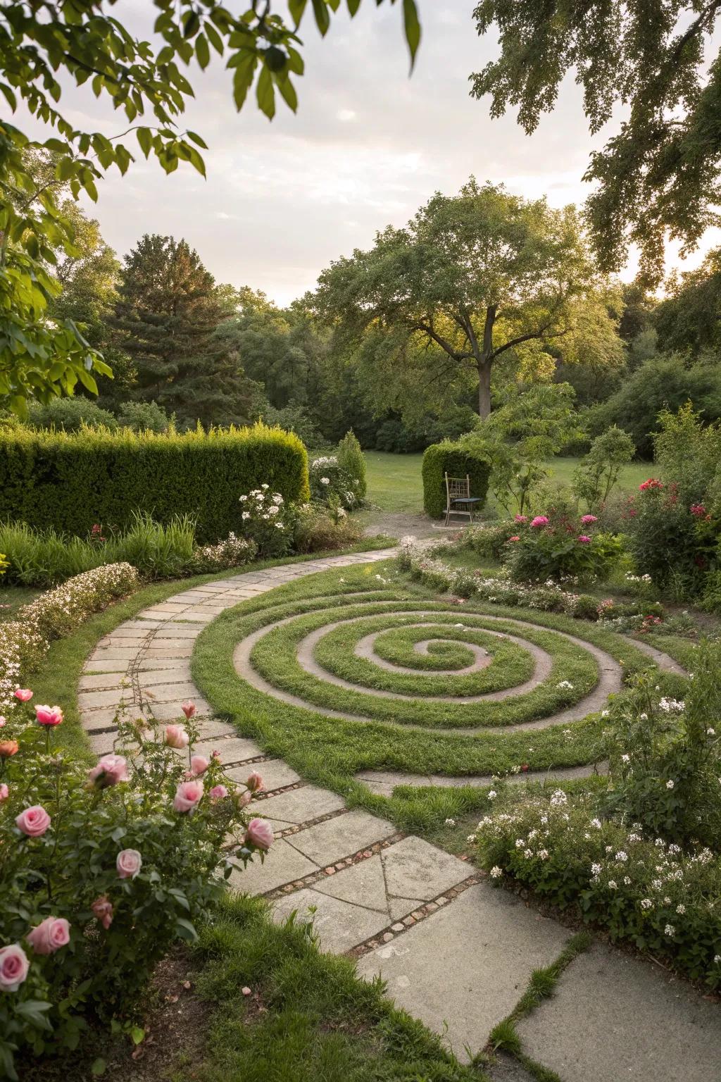 A meditative circular path in a garden.