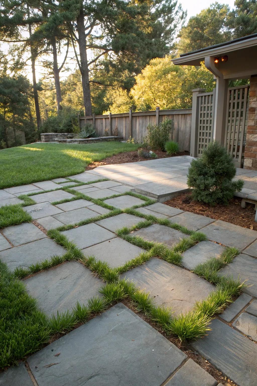 Grass softens hardscapes, making patios more inviting.