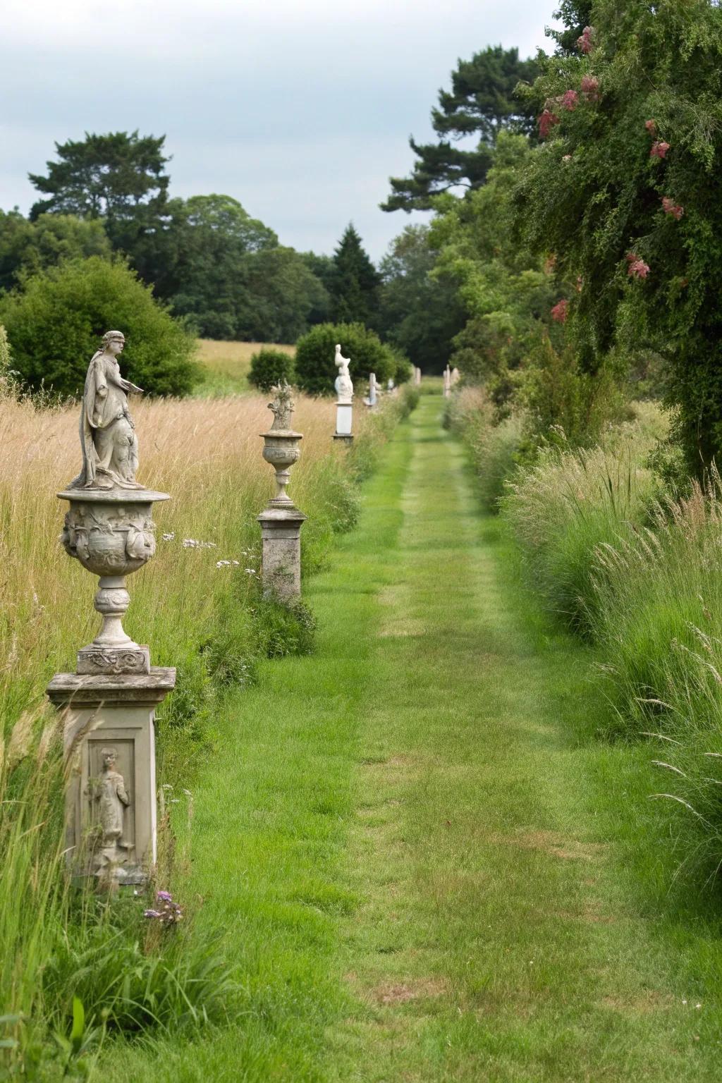 A grassy path enriched with garden sculptures.