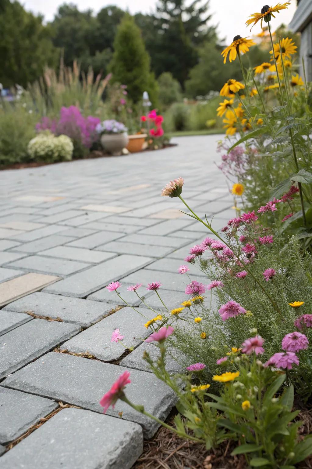 Vibrant wildflowers provide a colorful border to a gray paver patio.