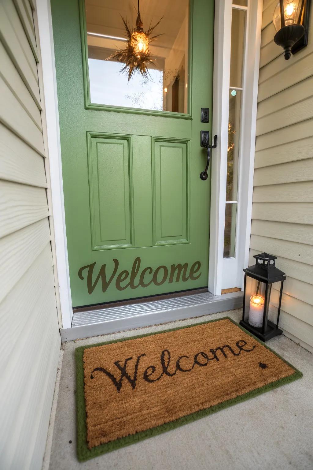 Welcome mats add a personal touch to the entry of green doors.