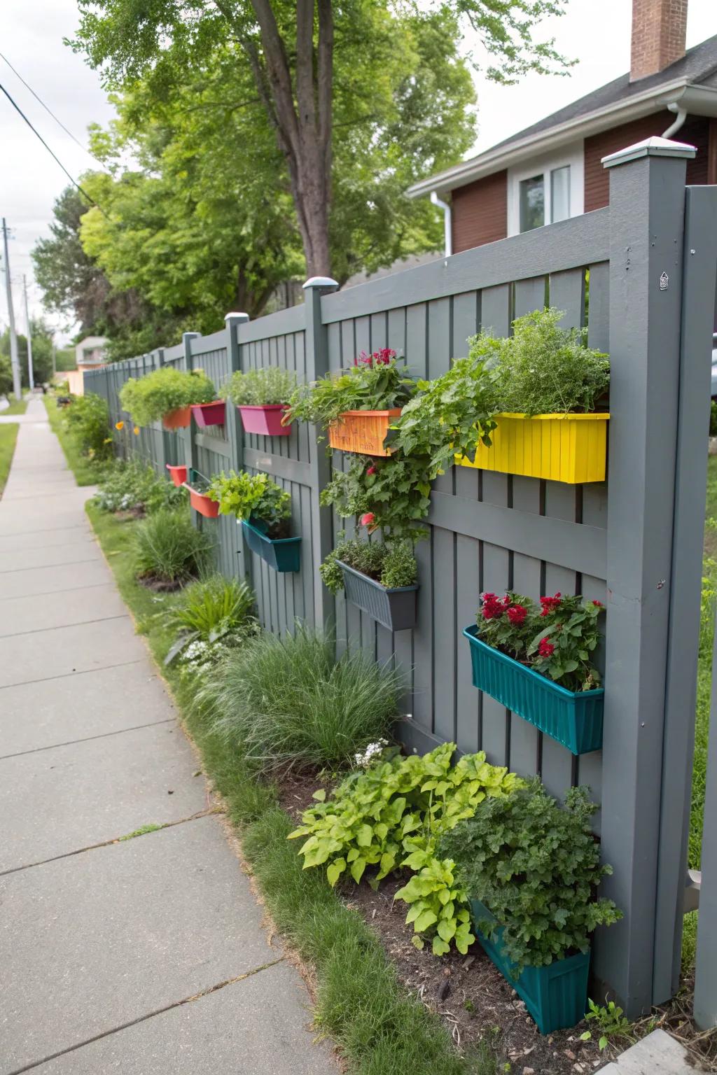 Maximize space with a vertical garden on your grey fence.