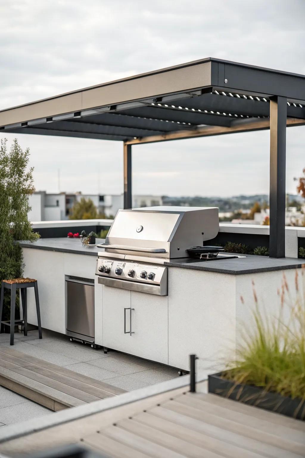 A flat roof provides a minimalist and modern aesthetic for your grill area.