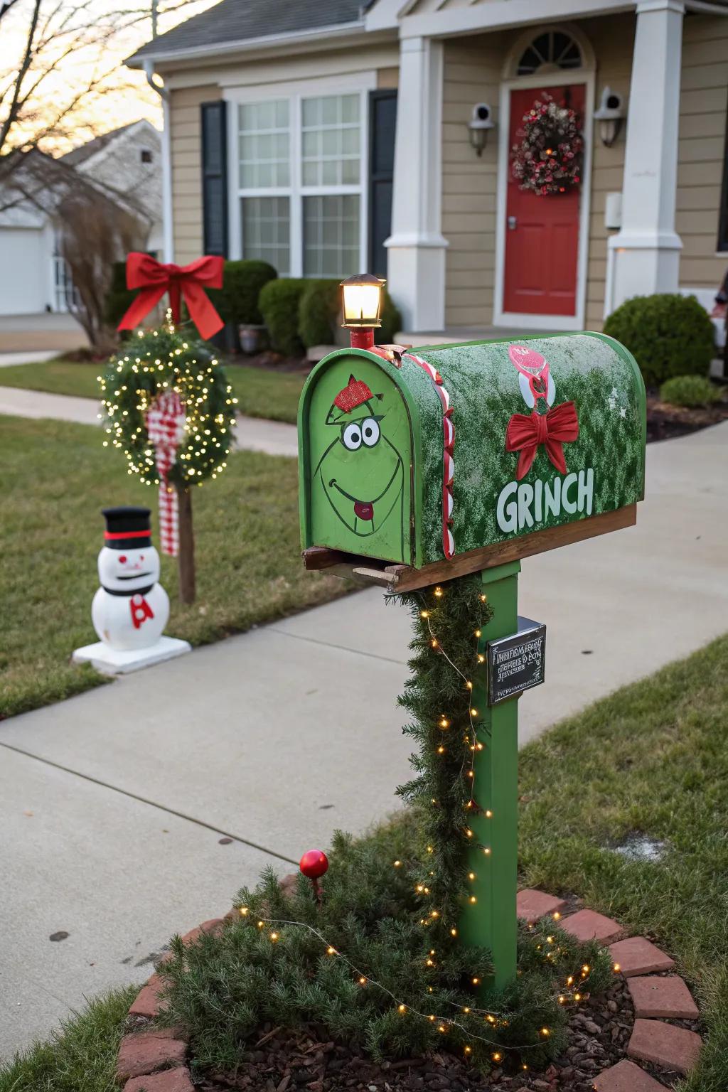 A Grinch-themed mailbox cover adds festive flair to the curb.