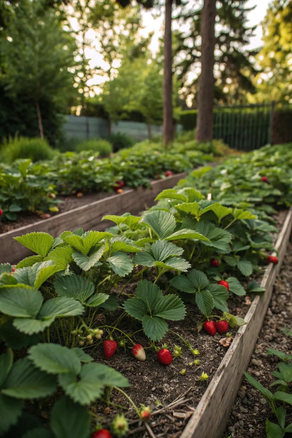 Garden bed featuring strawberry plants, offering both beauty and bounty