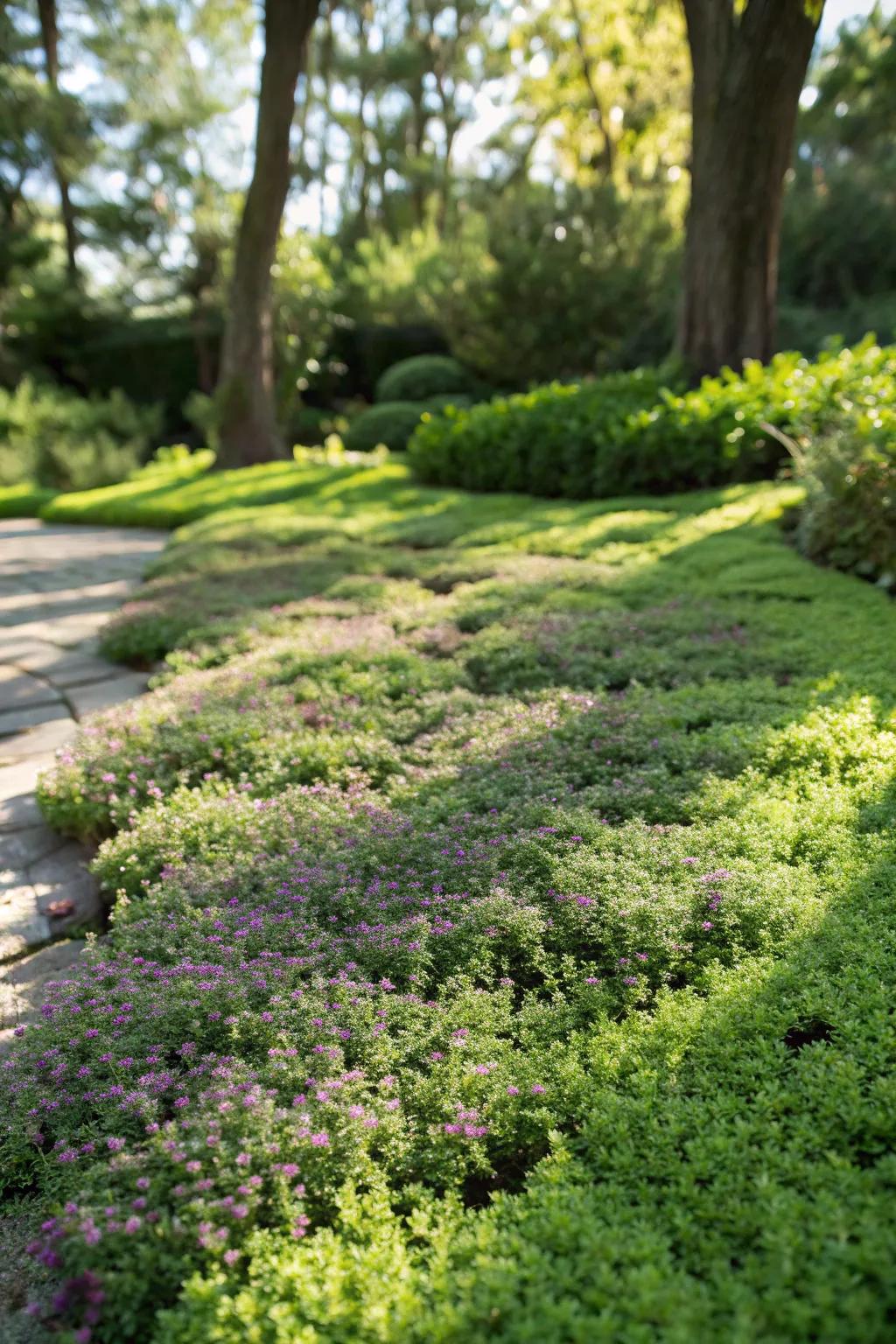 Fragrant creeping thyme providing both beauty and culinary uses.