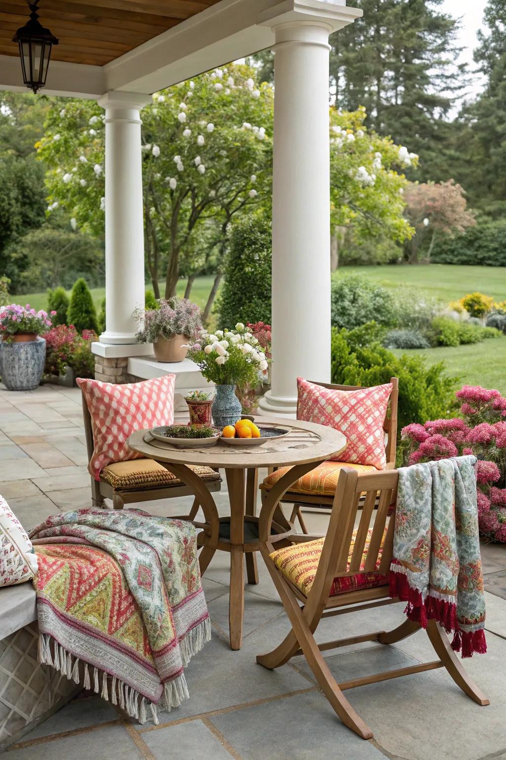 Seasonal decor updates keep the patio fresh and inviting.