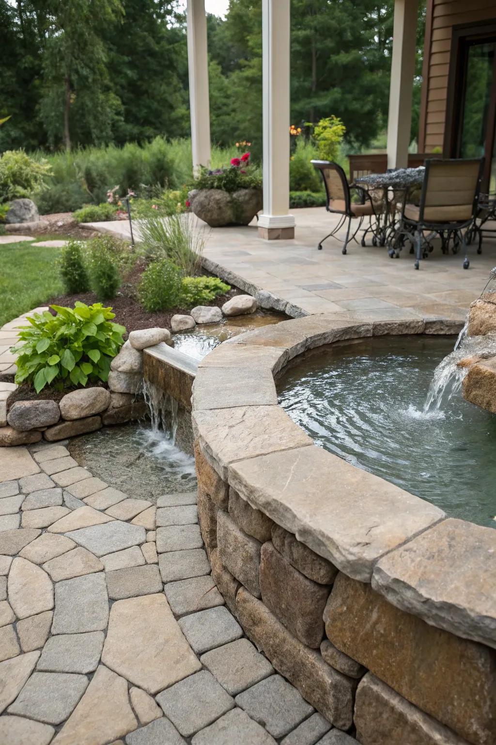 Stone accents provide texture and blend with the natural surroundings.