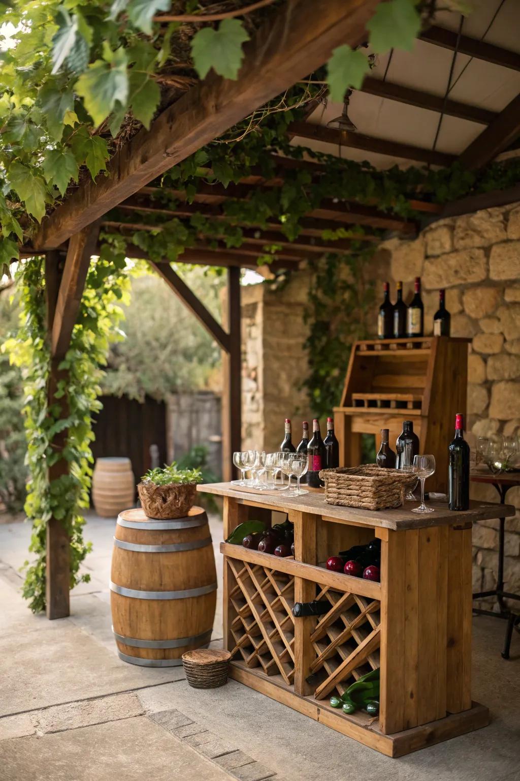 A charming rustic wine corner under a half pergola.