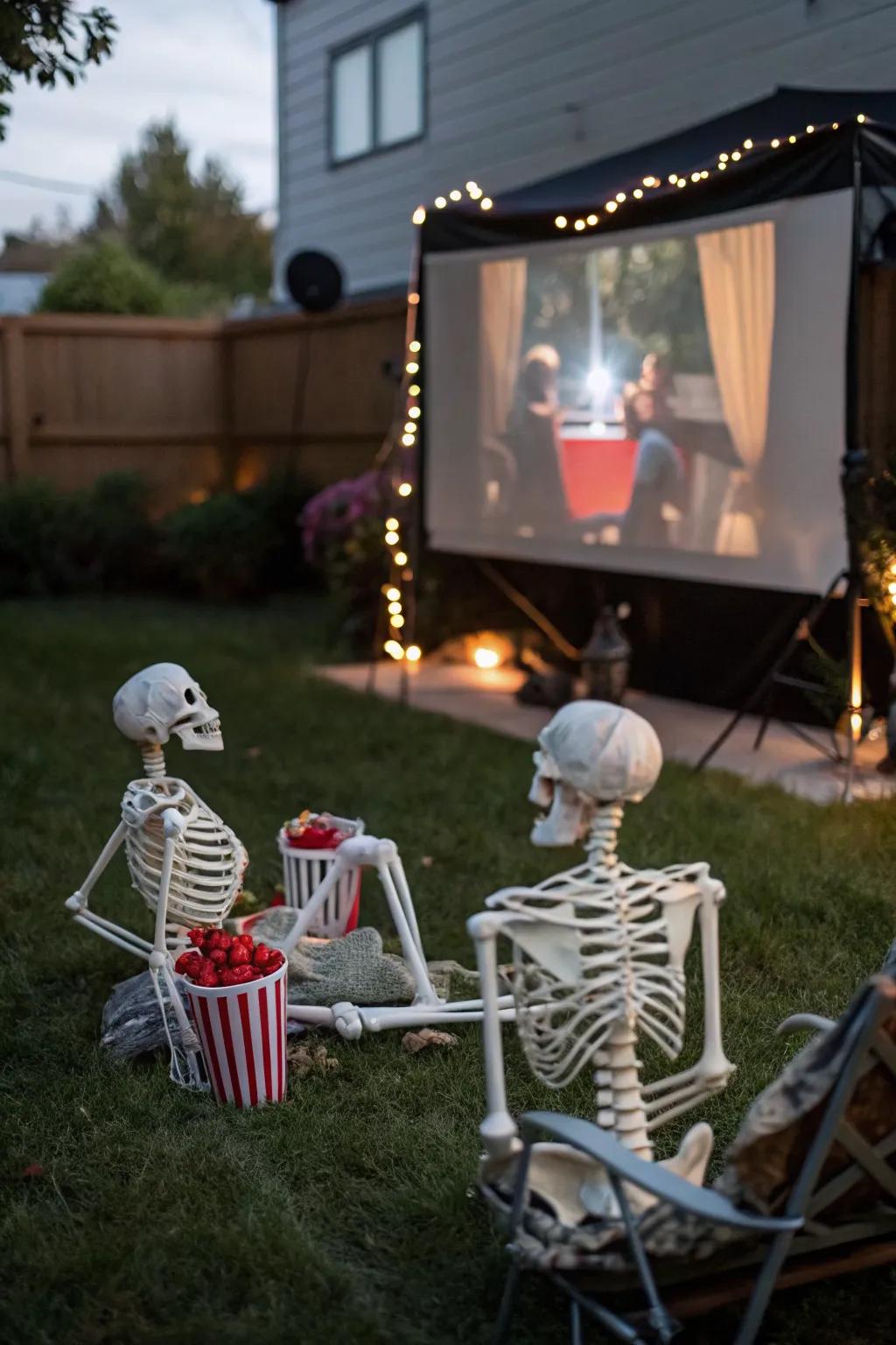 Movie-loving skeletons set the stage for a spooky and cinematic Halloween night.