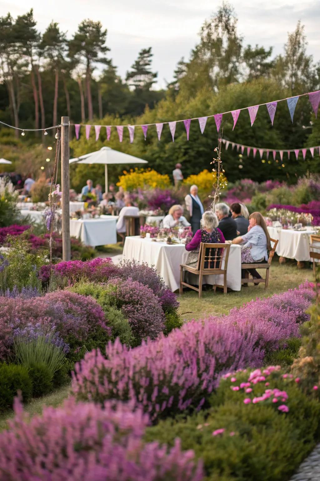A festive garden party set amidst colorful heathers.