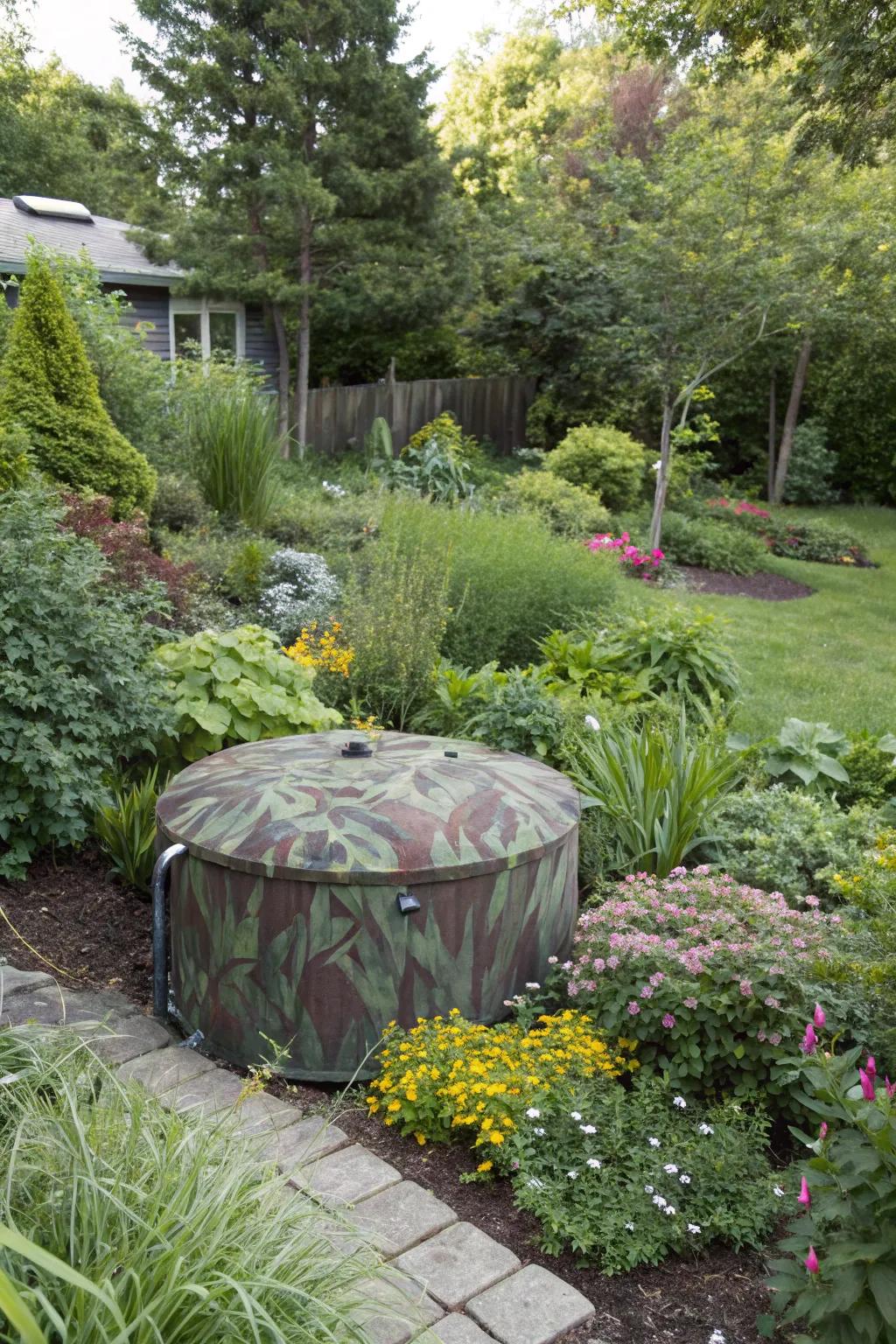 A camouflage garden with diverse plants creates a seamless disguise for septic tank covers.
