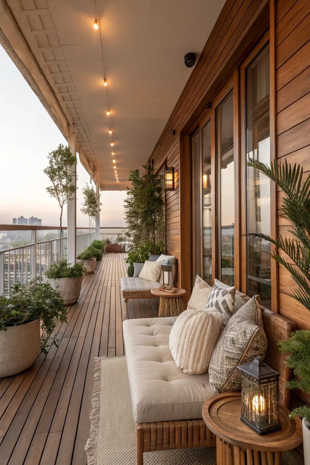Natural and luxe elements create a sophisticated feel on this balcony.