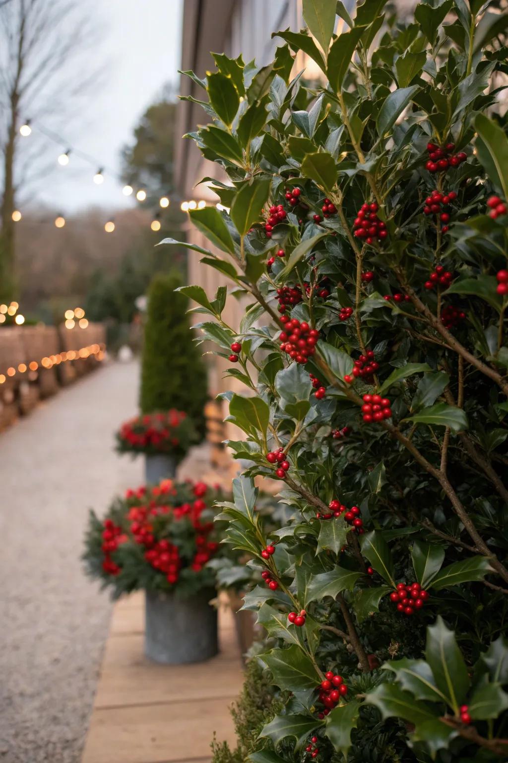 Holly bushes adding natural holiday decor.