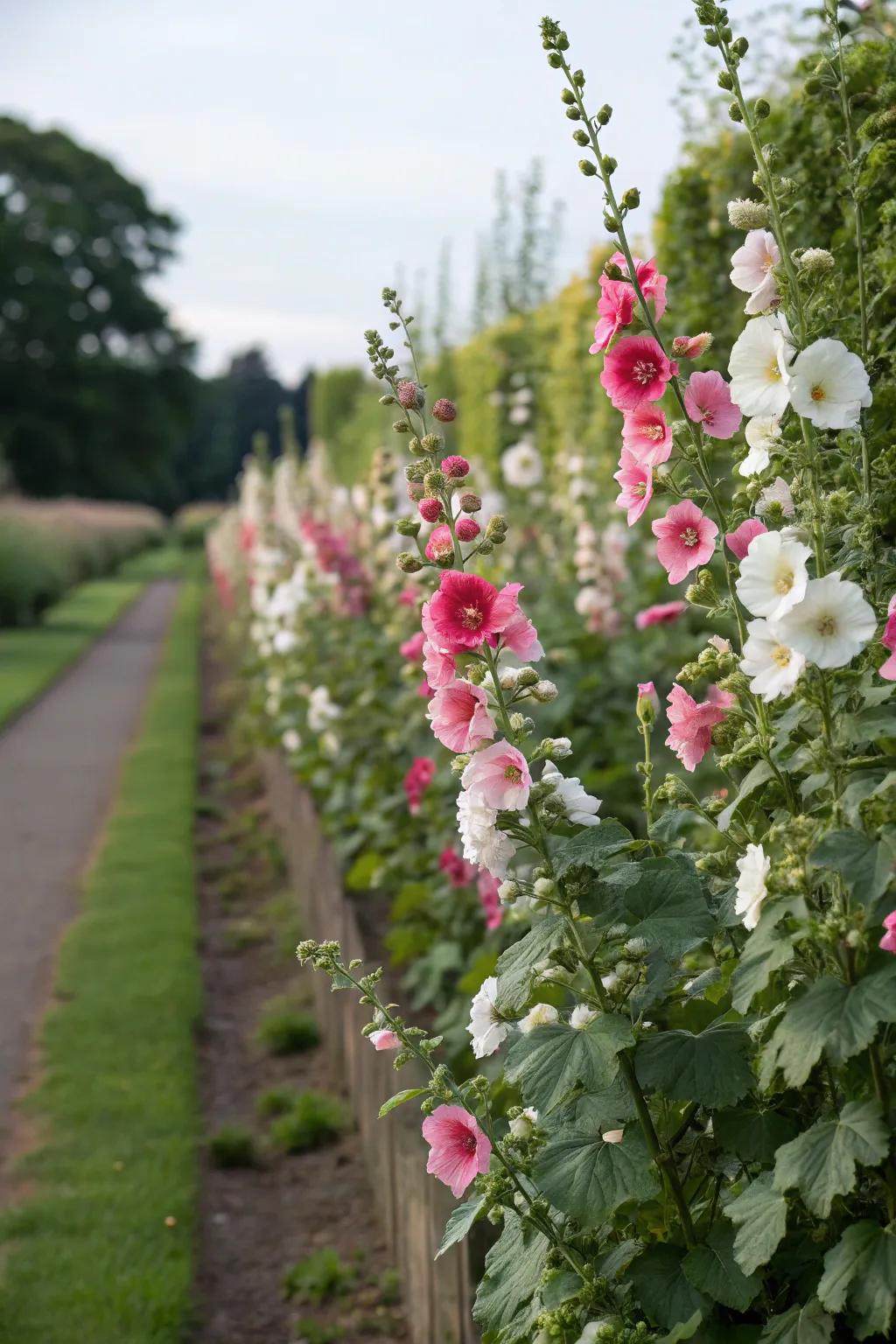 A natural privacy screen made of blooming hollyhocks.