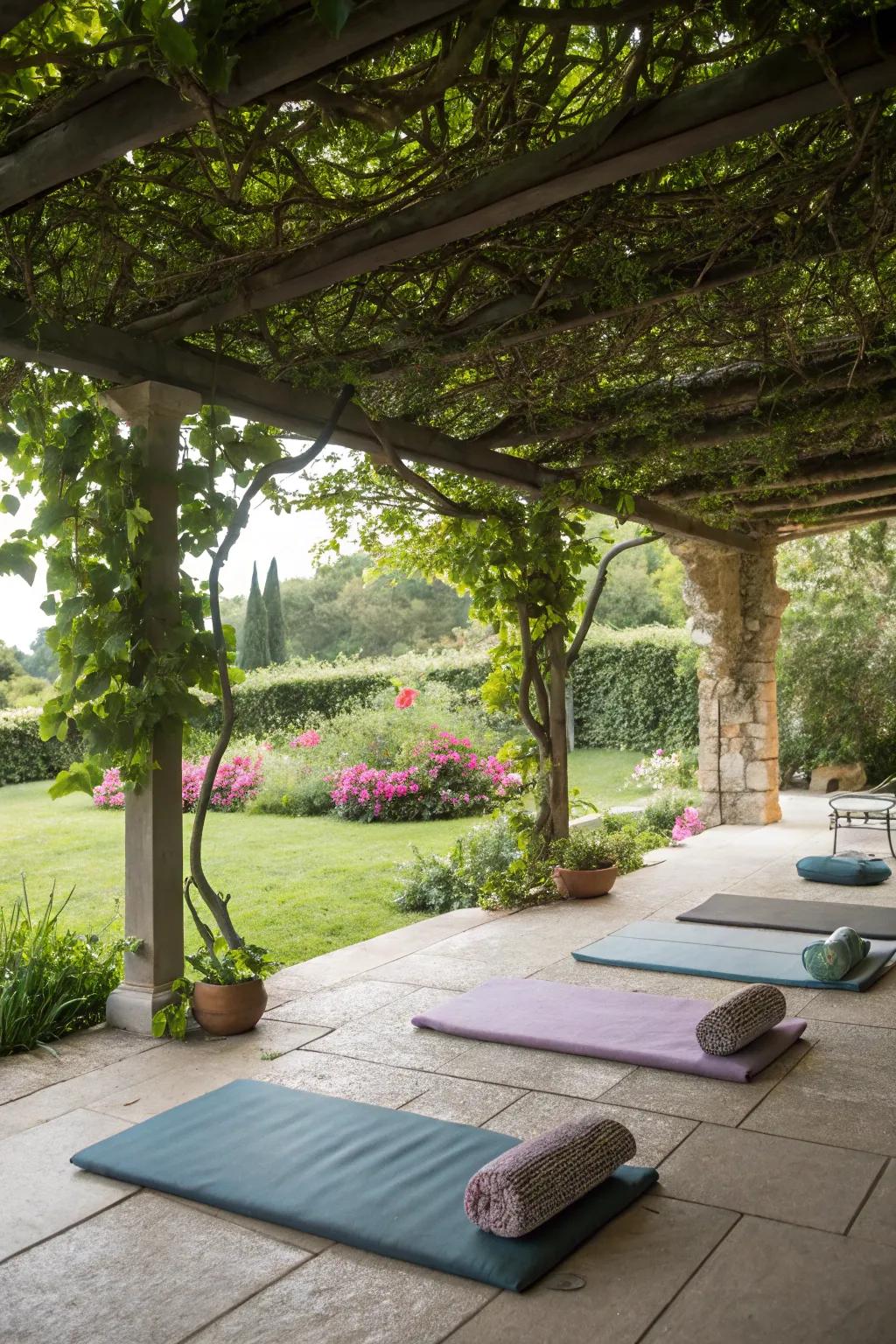 A peaceful yoga space under a pergola adorned with honeysuckle, perfect for connecting with nature.