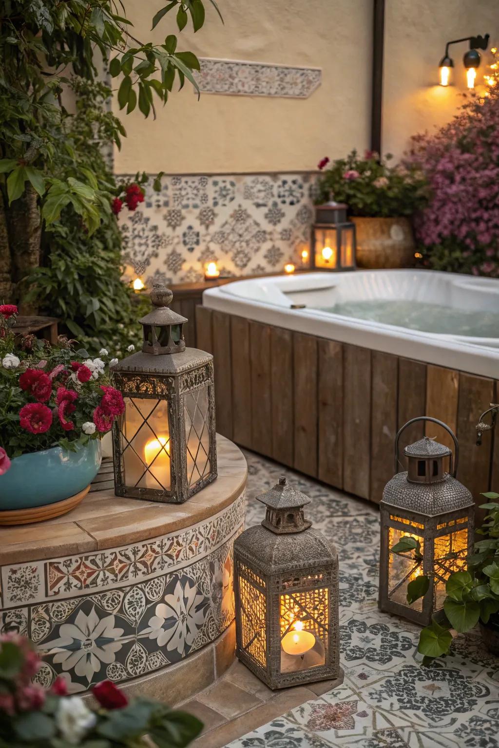 Vintage elements add timeless charm to this hot tub area.