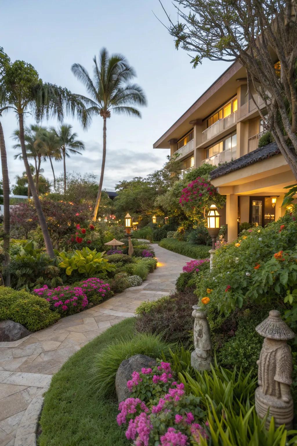 Cultural themes add a local touch to hotel gardens.