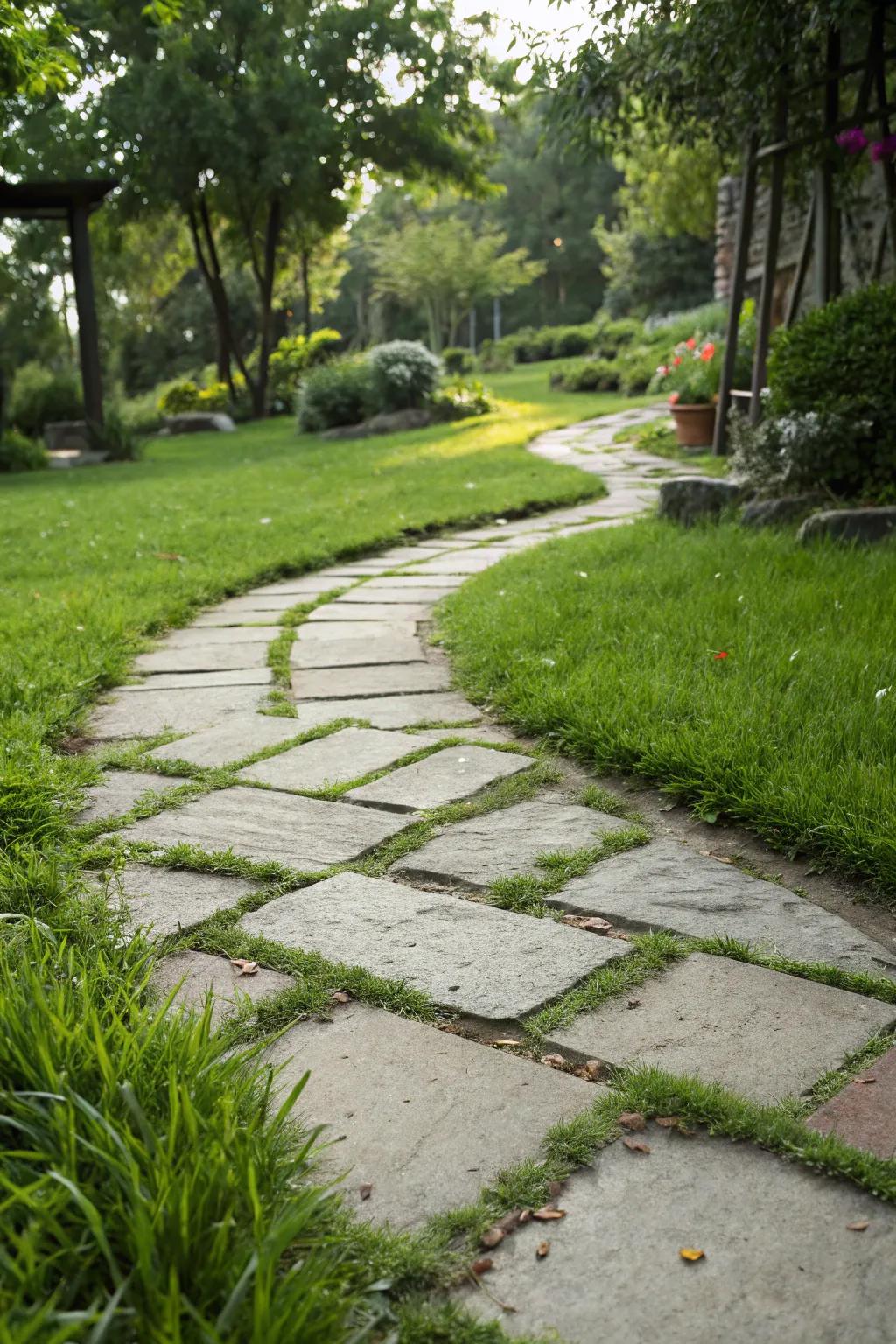 Stone pavers surrounded by grass create a seamless blend of hardscape and nature.