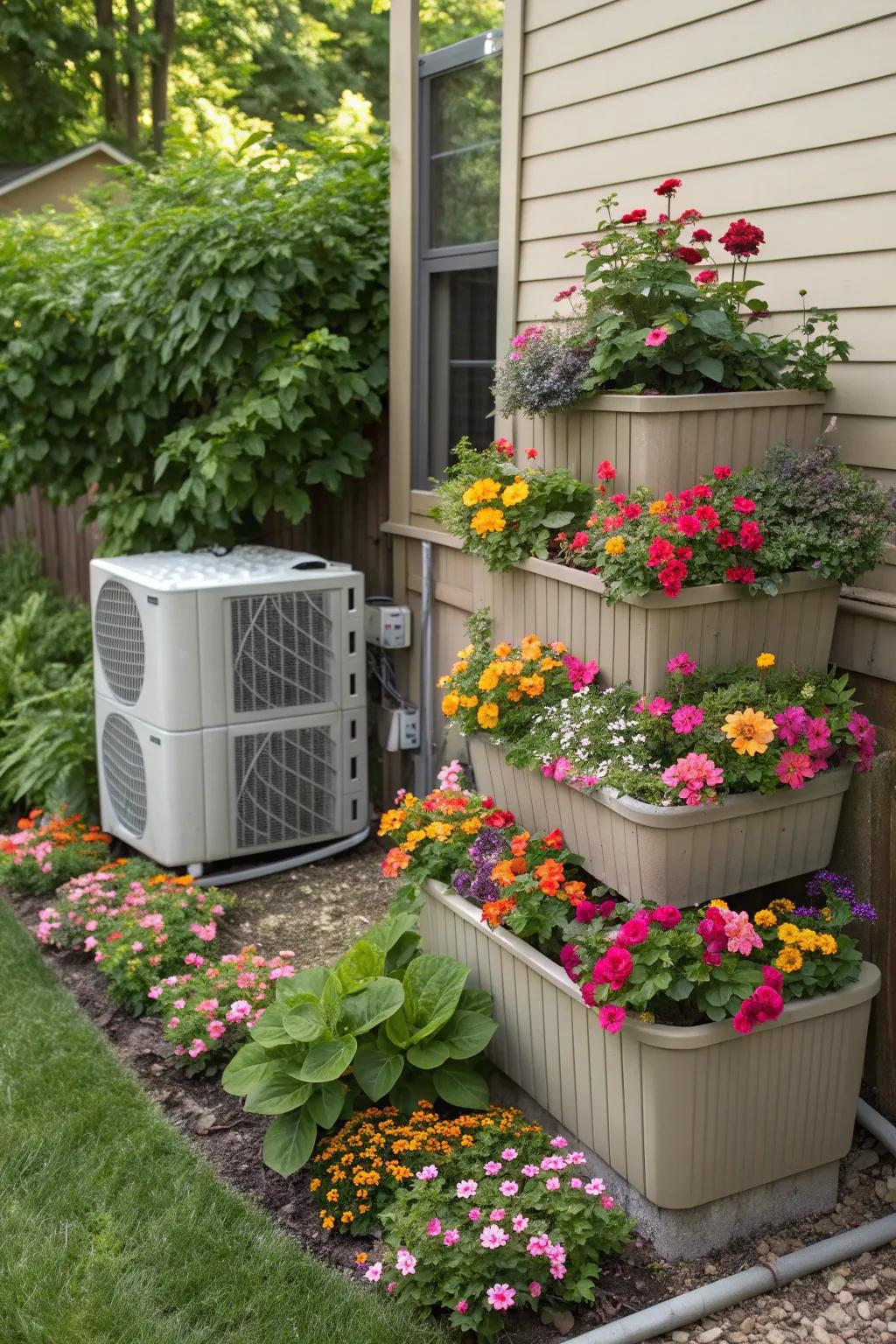 Stacked planters add life and color while hiding AC units.