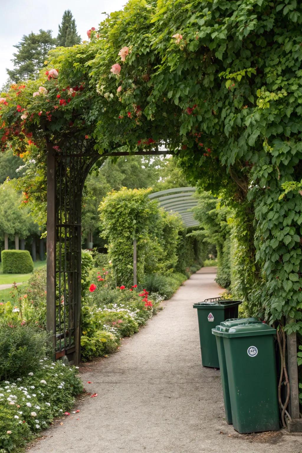 A trellis with climbing plants adds natural grace to trash can concealment.