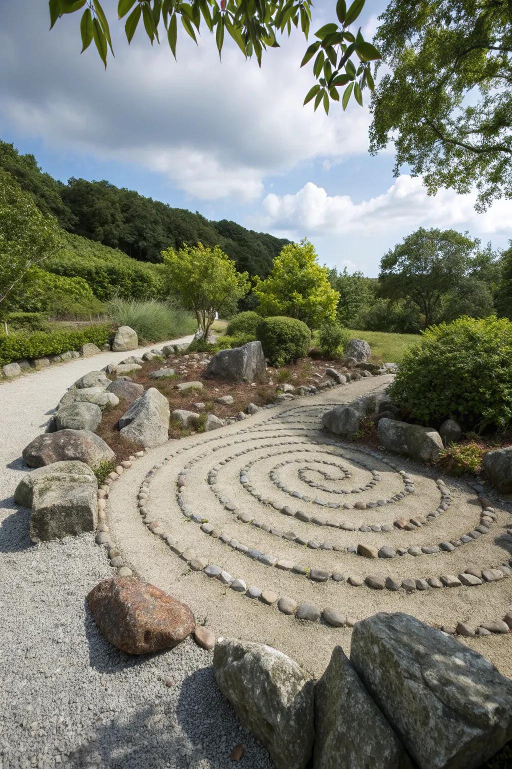 A spiral design formed from stones adds whimsy to the garden.