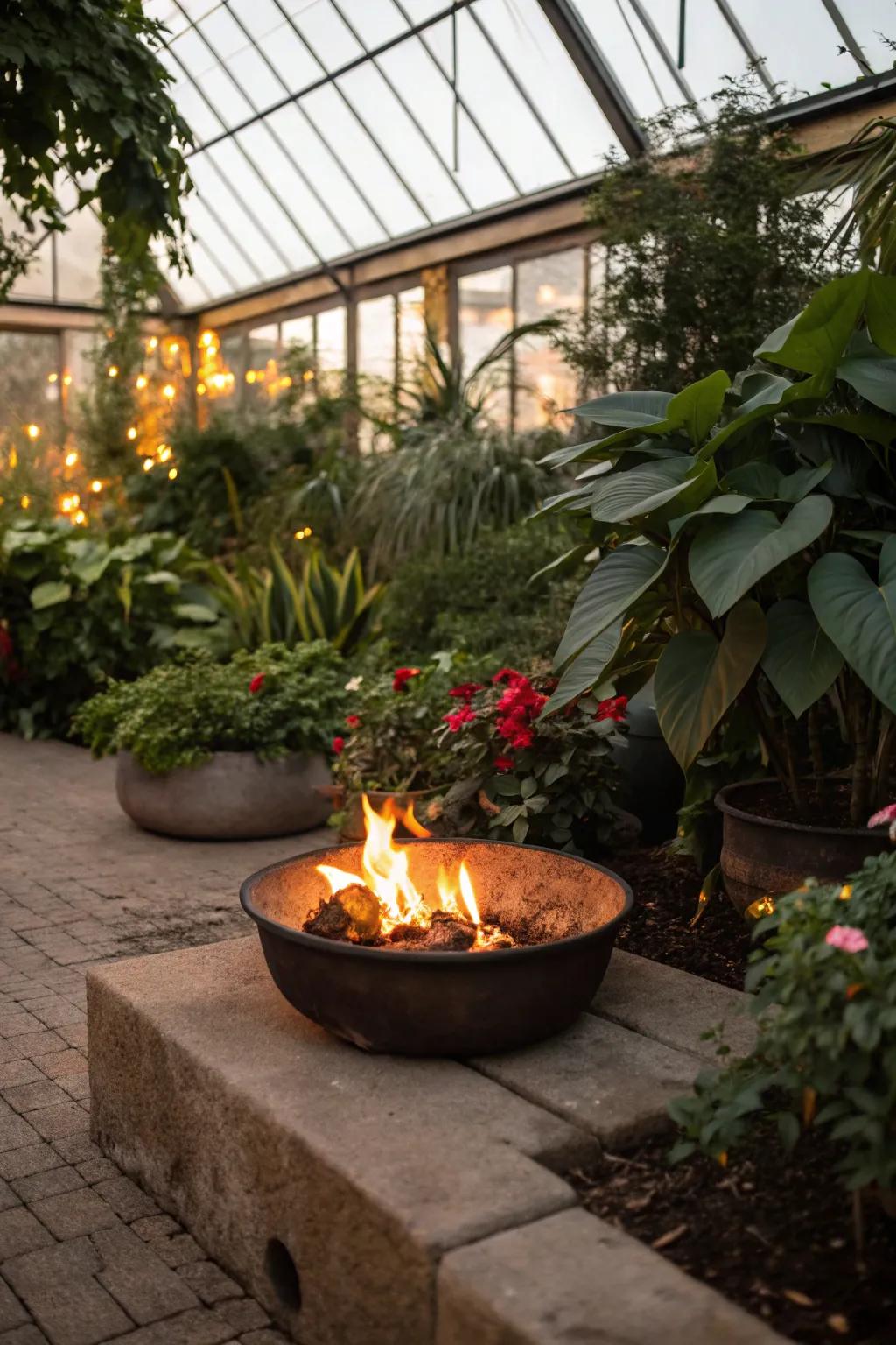 A small fire pit adds warmth and ambiance to a winter greenhouse.