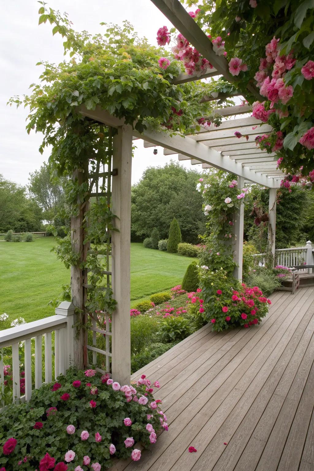 A lush garden deck featuring a trellis for vertical greenery.