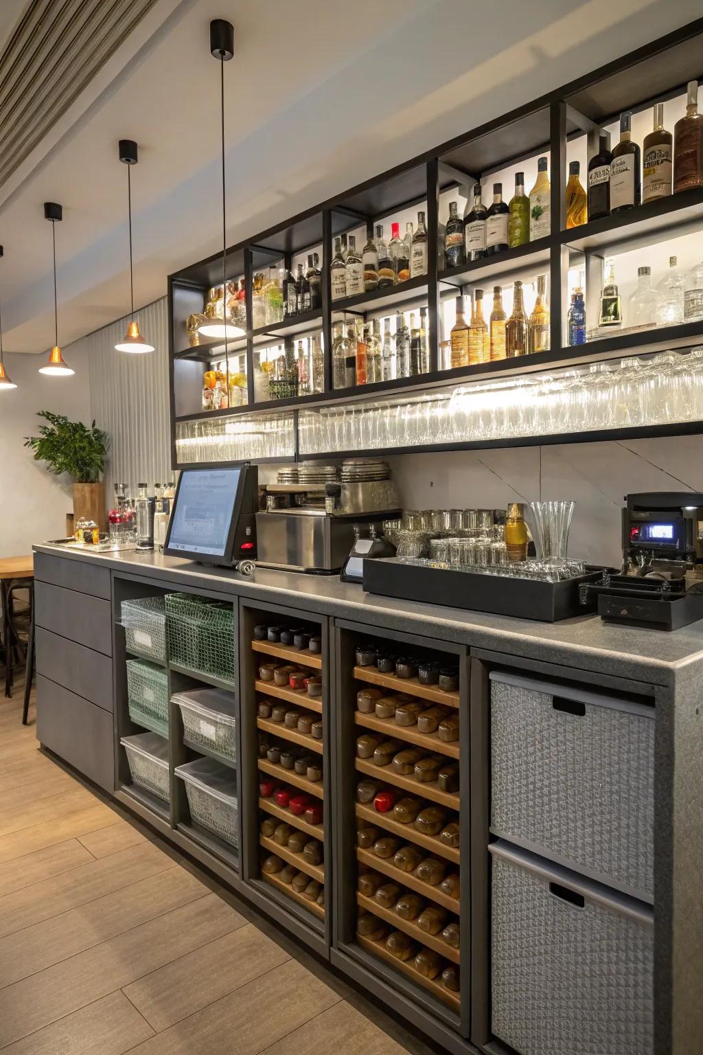 Smart storage keeps your bar tidy and efficient.