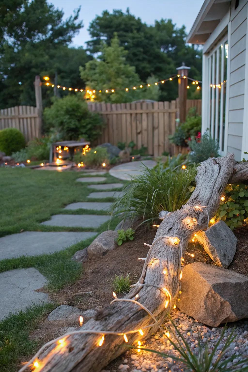 Driftwood and lights evoke a beachy atmosphere.
