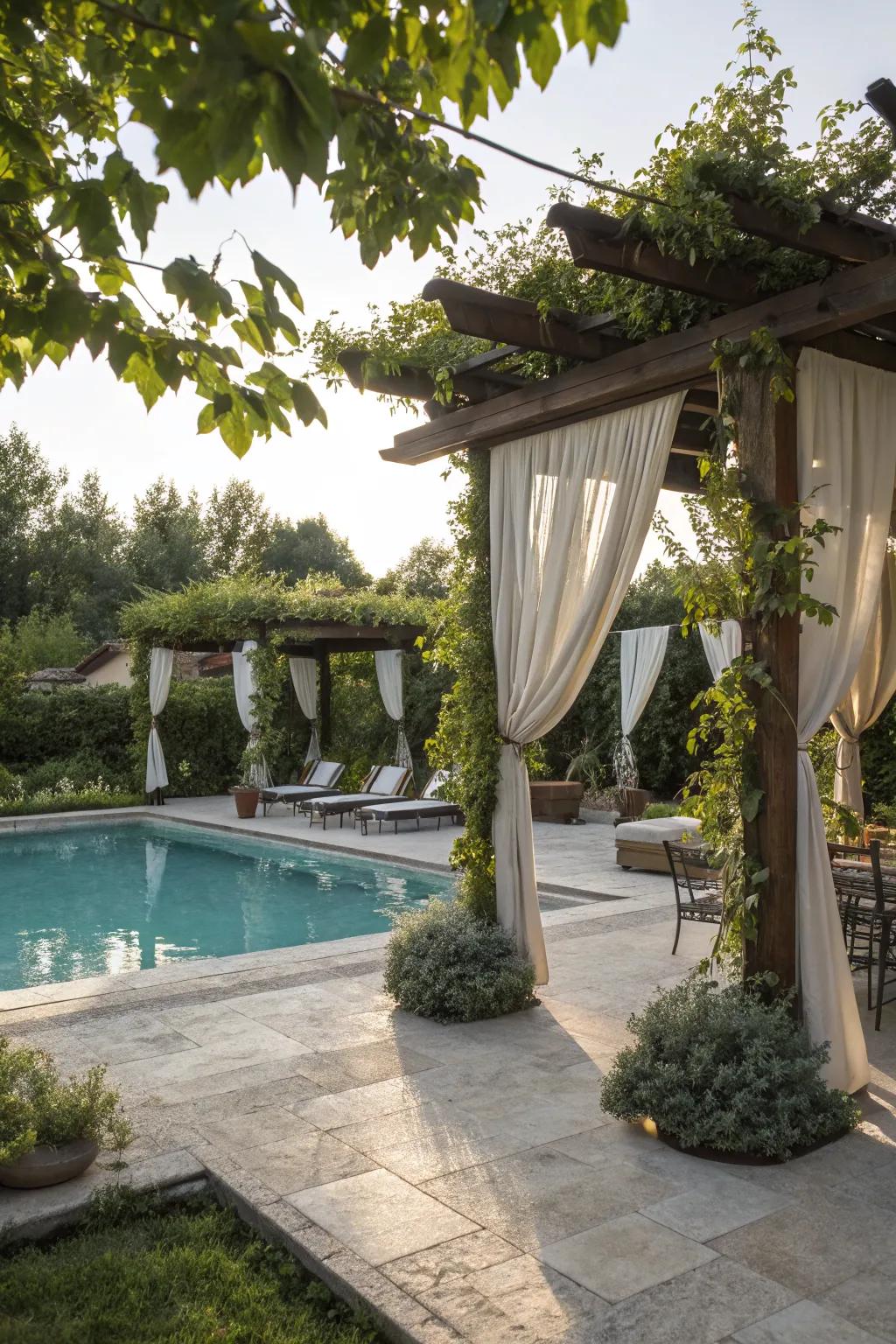 A poolside pergola offers stylish shade and relaxation.