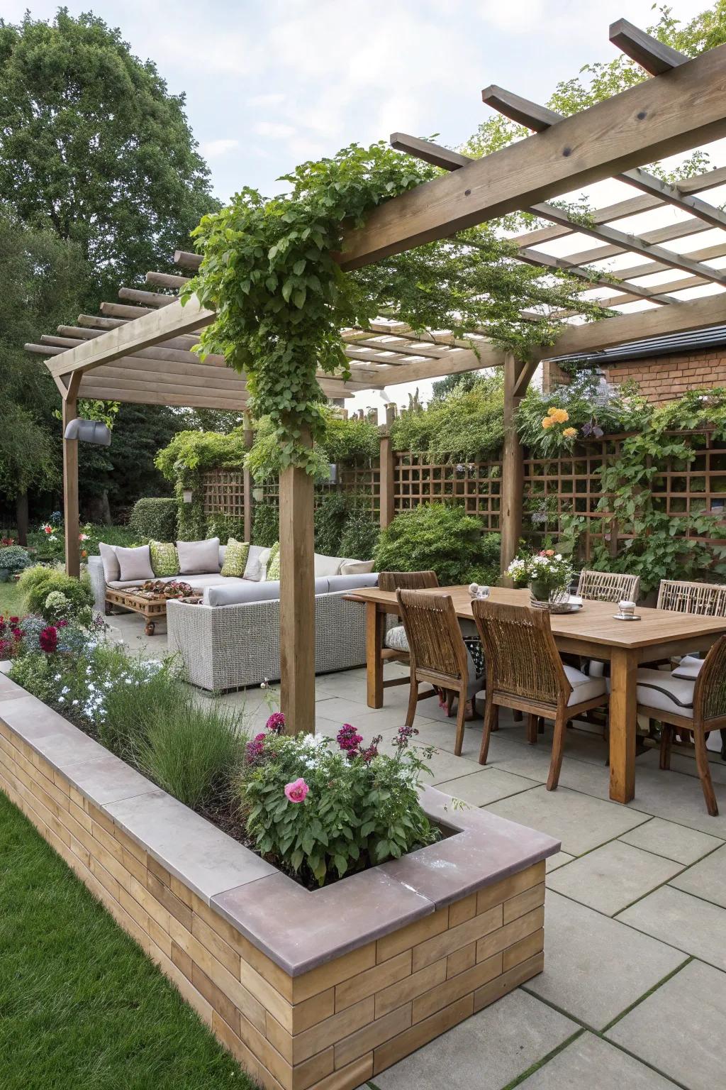 A multi-functional pergola offers dining, lounging, and gardening areas.